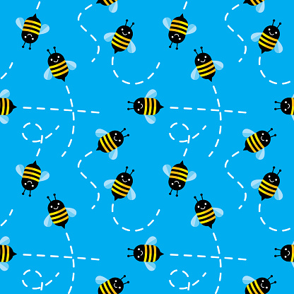 Vector illustration of cute bees flying in a repeating pattern against a blue background.