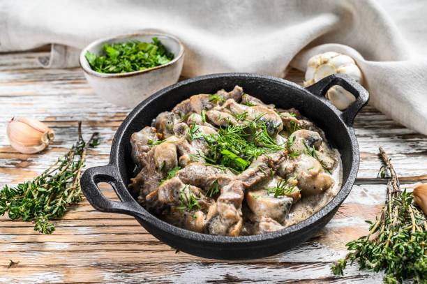 istock Beef stroganoff with mushrooms in frying pan. White background. Top view 1271012777