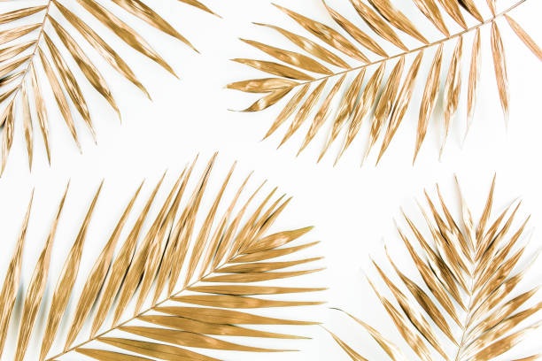 istock Gold tropical palm leaves on white background. Flat lay, top view minimal concept 1271013491
