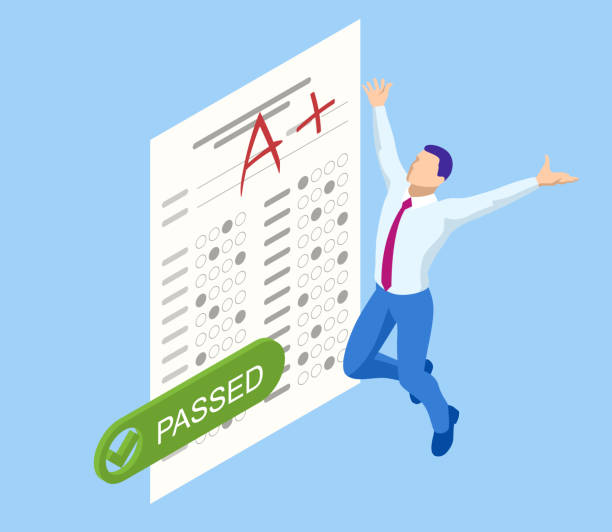 Isometric Exam sheet with A plus grade, flat design. The joy of a good exam result. The exam is passed. Isometric Exam sheet with A plus grade, flat design. The joy of a good exam result. The exam is passed exam routine preparation education stock illustrations
