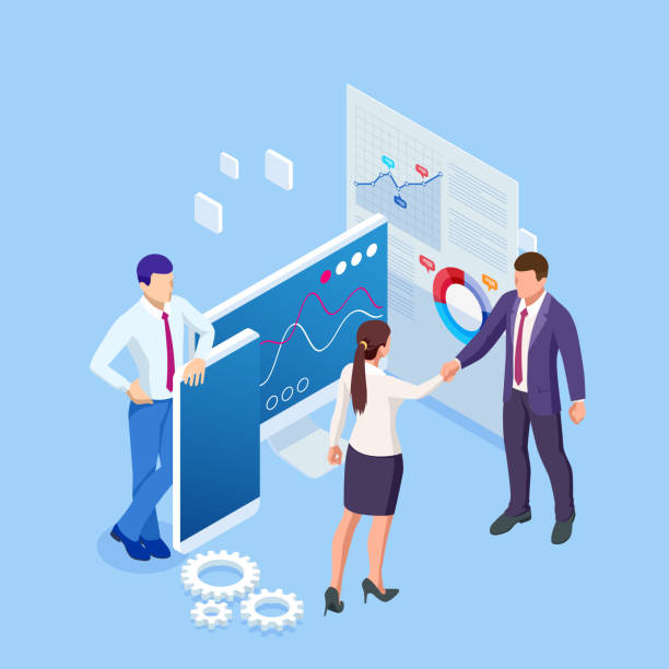 ilustraciones, imágenes clip art, dibujos animados e iconos de stock de isometric business to business marketing, b2b solution, concepto de marketing empresarial. dos socios de negocios dándose la mano. - b2c