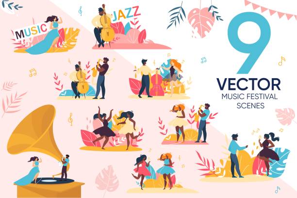 illustrazioni stock, clip art, cartoni animati e icone di tendenza di open air jazz music festival people scene set - microphone stage music popular music concert