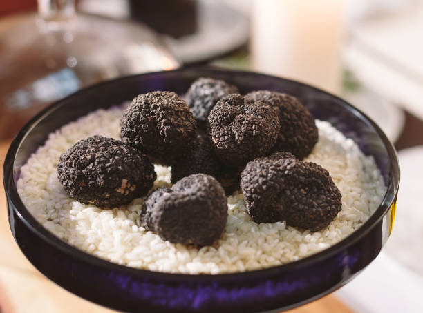 istock Black truffle mushroom on the rice on the table 1271019998