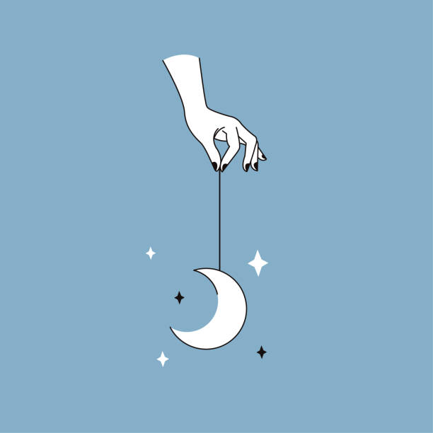 istock Woman's hand holding moon and stars, magic mystical symbol. Abstract logo template for your design, line art style. 1271023547