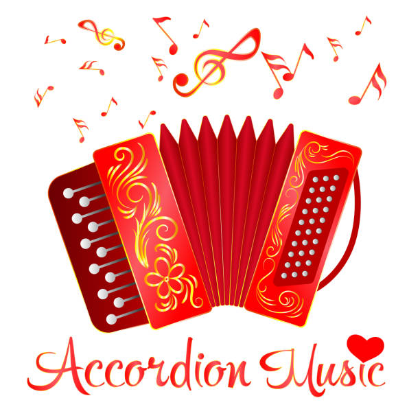 ilustraciones, imágenes clip art, dibujos animados e iconos de stock de bandera de acordeón rojo con notas musicales vector illustration - acordeon