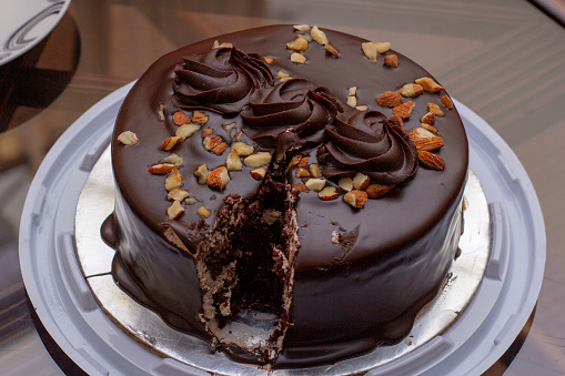 Chocolate Almond cake in a plate in Lahore, Punjab, Pakistan