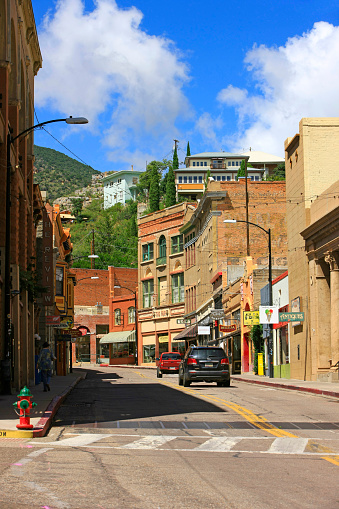Main street in Old Bisbee surrounded by the Mule Mountains in SE Arizona