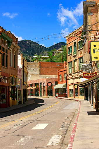 Main street in Old Bisbee surrounded by the Mule Mountains in SE Arizona