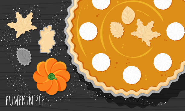 Vector flat horizontal banner for Thanksgiving day Vector flat horizontal banner for Thanksgiving day. Pumpkin pie with wripped cream cheese and dough leaves are on black wooden table. National traditional seasonal food for North America holidays whipped cream dollop stock illustrations