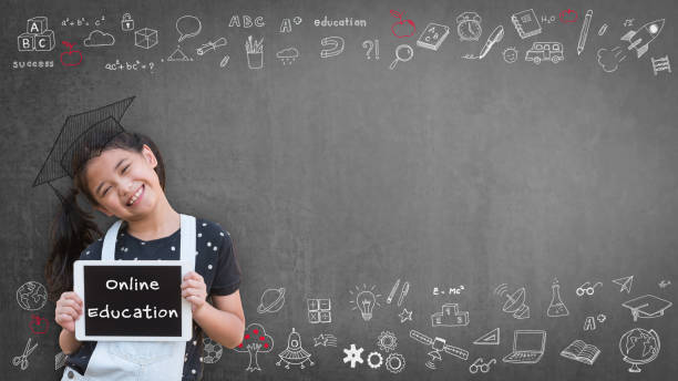istock Online education class, e-learning success for kid with school girl child student learning using digital tablet and internet study lesson classroom with teacher blackboard background 1271031173