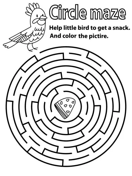 Vector illustration of Black and white circle maze with bird children vector printable game