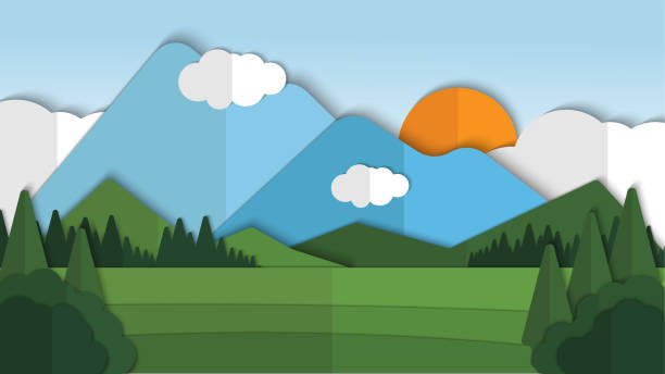 illustrations, cliparts, dessins animés et icônes de beauté nature paysage papier coupé style avec l’illustration de vecteur de fond de nuage, modèle de paysage - paysage