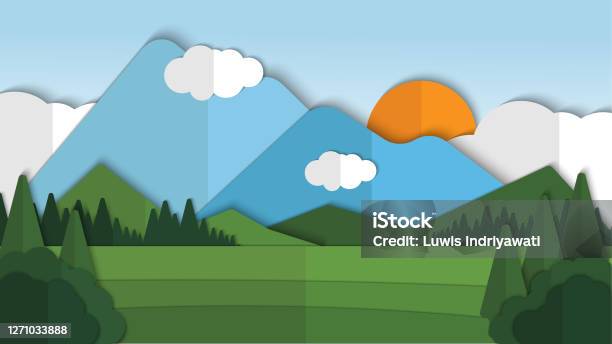Beauty Nature Landscape Paper Cut Style With Cloud Background Vector Illustration Landscape Pattern Stock Illustration - Download Image Now