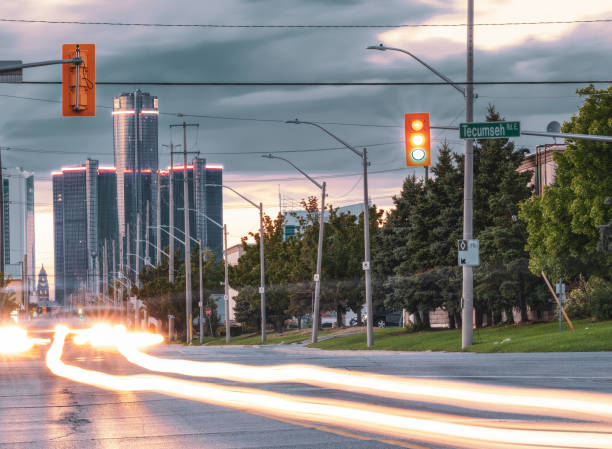 istock Detroit, Michigan - Skyline at Dusk with Light Trails 1271040984