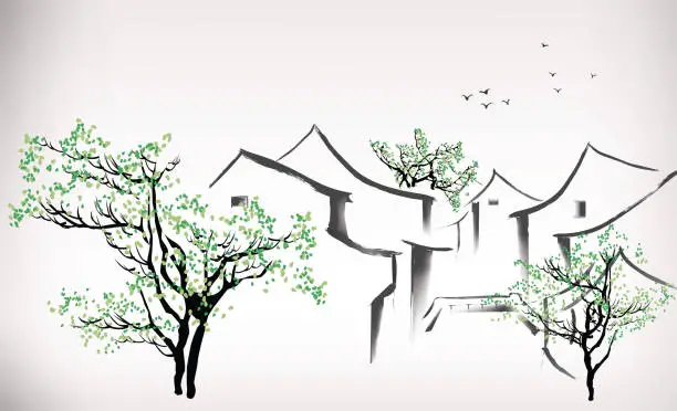 Vector illustration of Chinese traditional painting of south landscape
