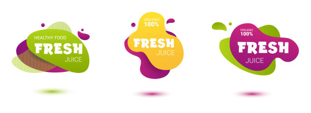 Set of colorful fresh juice tag. Bright splash shiny stickers, organic emblems, tags and labels. For badges of fresh market, detox, farmers market, eco shop, smoothies drinks, juice cafe, green bar Set of colorful fresh juice tag. Bright splash shiny stickers, organic emblems, tags and labels. For badges of fresh market, detox, farmers market, eco shop, smoothies drinks, juice cafe, green bar smoothie stock illustrations