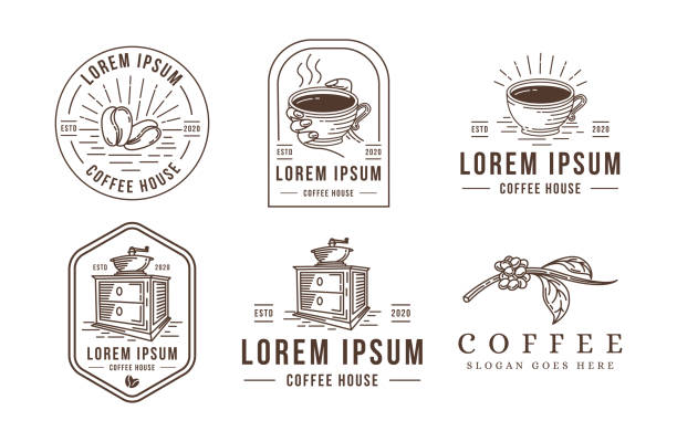 ilustraciones, imágenes clip art, dibujos animados e iconos de stock de conjunto de ilustración vectorial de café lineal - coffee cup coffee coffee crop coffee bean