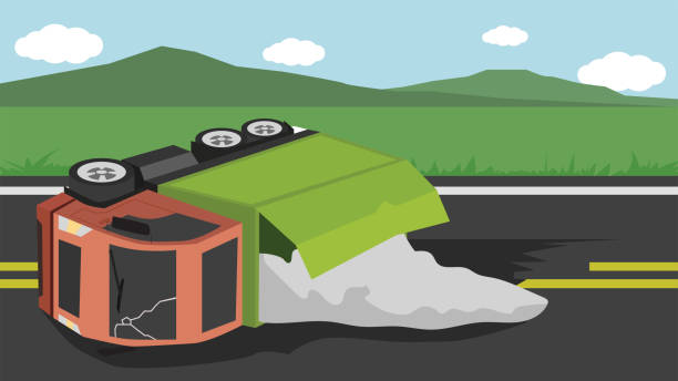 Accident of container truck crashes on the road and chemicals have leaked from the container. Accident of container truck crashes on the road and chemicals have leaked from the container. Obstructing traffic On a wide road in rural areas flat country stock illustrations