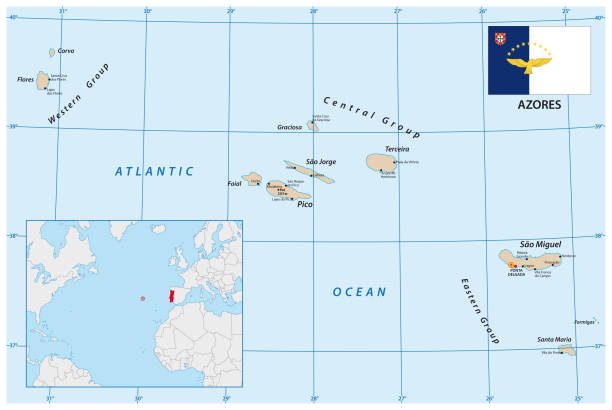 ilustrações de stock, clip art, desenhos animados e ícones de vector map of the portuguese archipelago azores in the atlantic ocean with flag, portugal - ponta delgada