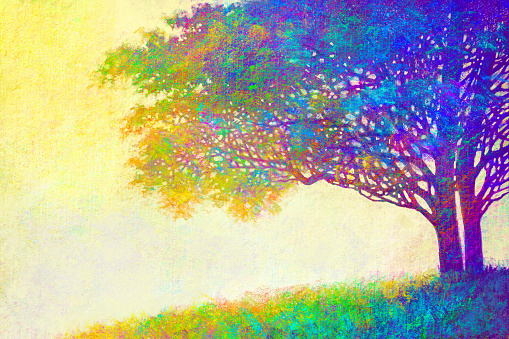 Colorful abstract  trees. Hand Painted Impressionist. Digital art painting landscape.