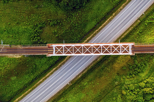 aerial top view of the multi-level intersection of the Latvian national highway A1 (part of the European route E67 - Via Baltica) near Skulte, Latvia