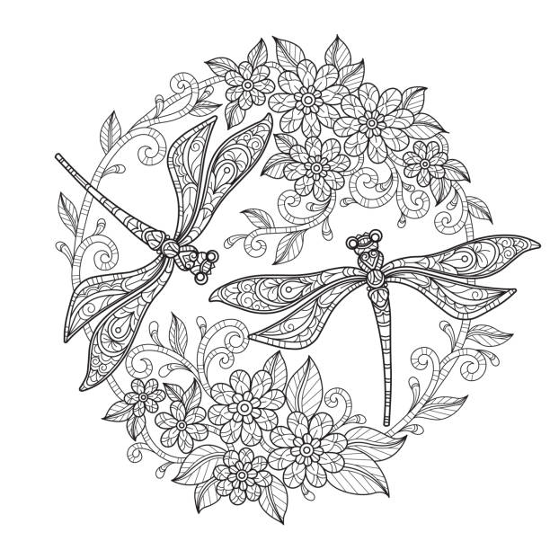 doodle Dragonfly in flower garden s adult coloring page, Illustration  style. Hand drawn sketch illustration for adult coloring book vector was made in eps 10. dragonfly tattoo stock illustrations