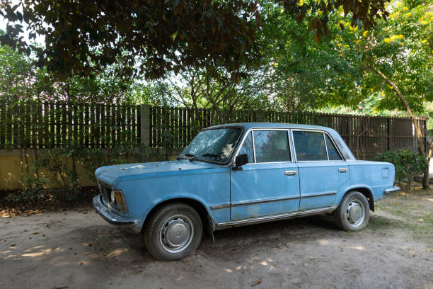 istock The old, abandoned blue car in a garden 1271062013