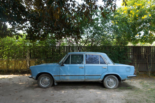istock The old, abandoned blue car in a garden 1271062022