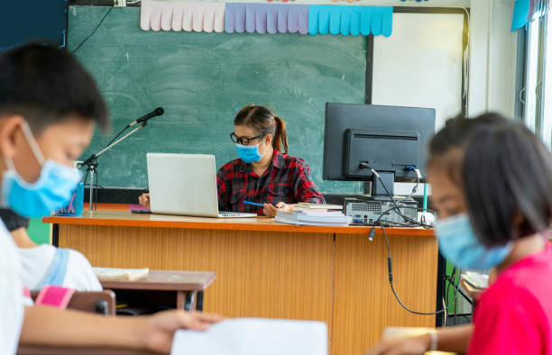 Teacher wearing protective mask to Protect Against Covid-19 is teaching school kids sitting in classroom online. Teacher wearing protective mask to Protect Against Covid-19 is teaching school kids sitting in classroom online,Elementary school,Learning and people concept. lifestyles teaching little girls child stock pictures, royalty-free photos & images