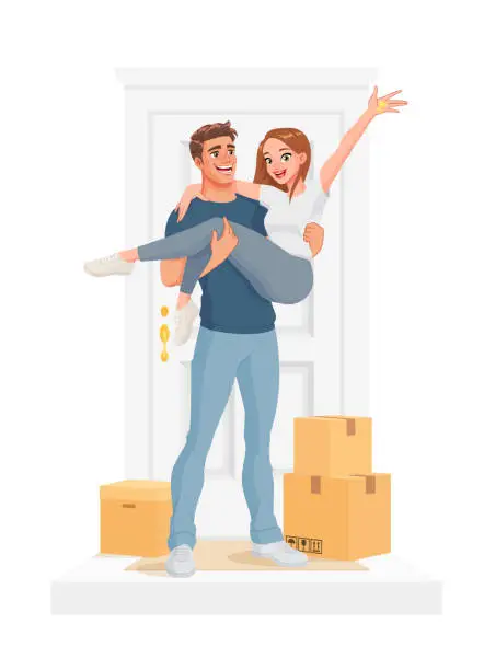 Vector illustration of Man carrying woman at their new home. Isolated vector illustration.