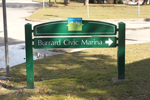 Vancouver, Canada - February 29,2020: View of sign Burrard Civic Marina in Vanier Park