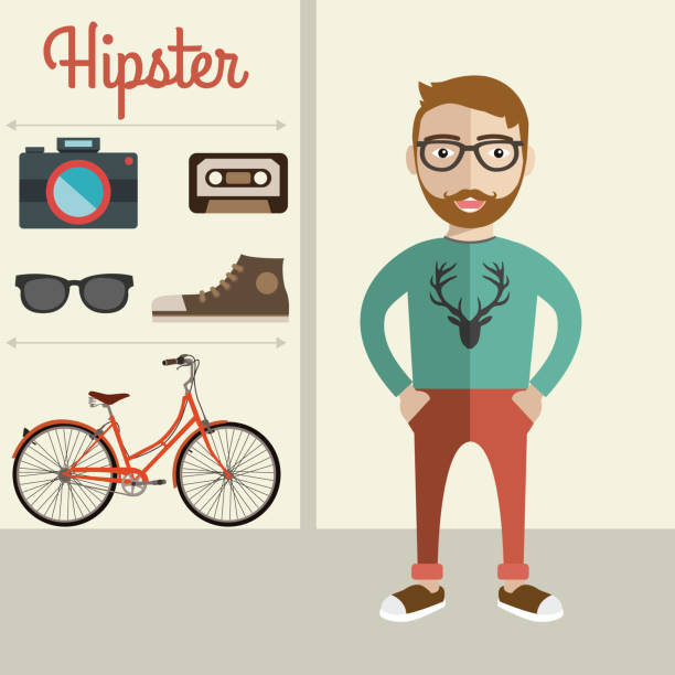 hipster-charakter-illustration mit hipster-elementen und -symbolen - gitarre grafiken stock-grafiken, -clipart, -cartoons und -symbole