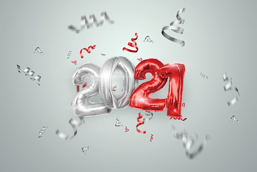 Happy New Year, Inscription 2021 balloons on a light background, creative background. Year of the white bull, flyer, poster. 3D illustration, 3D render