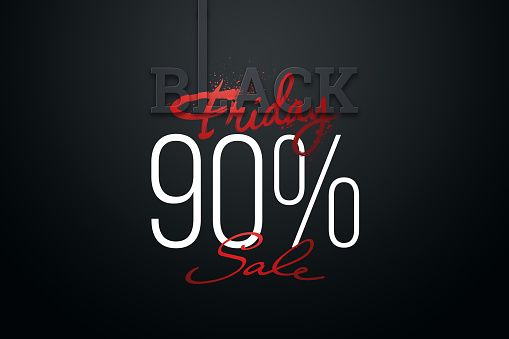90 percent Black Friday sale, inscription discount and hot sale on a dark background. Black friday banner. 3D illustration, 3D render, copy space