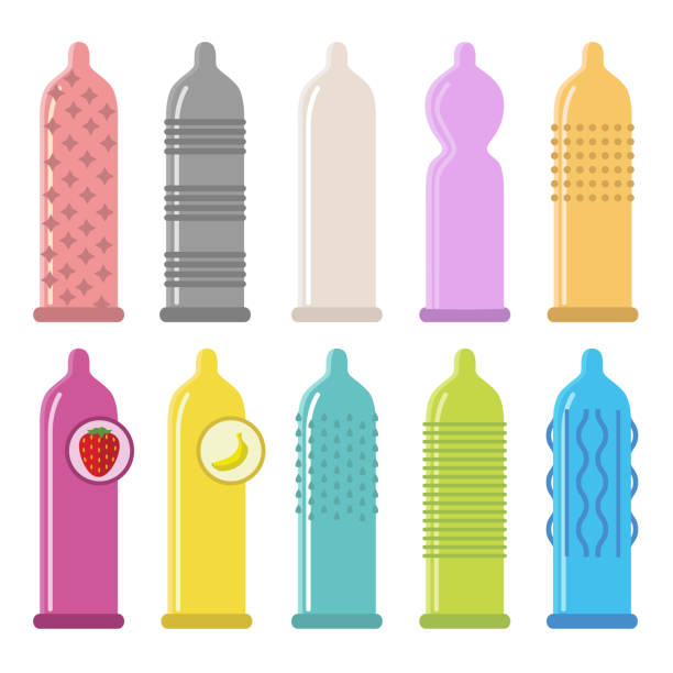 stockillustraties, clipart, cartoons en iconen met vectorset van condoompictogrammen. soorten condooms. - condoom