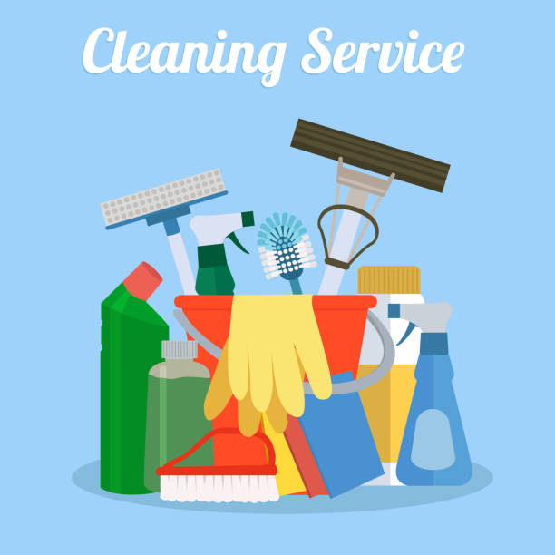 istock Cleaning service flat illustration. Poster template for house cleaning services with various cleaning tools. 1271068852