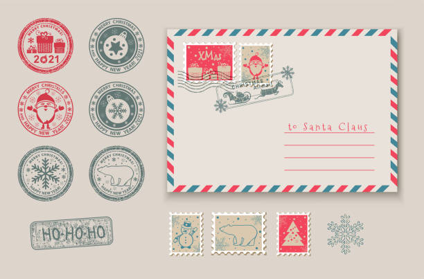 illustrazioni stock, clip art, cartoni animati e icone di tendenza di francobolli natalizi e modello di busta con babbo natale, snoqman. francobolli - greeting card christmas envelope mail