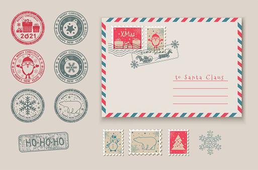 Christmas stamps and envelope template with Santa,  Snoqman. Postage stamps. Greeting card