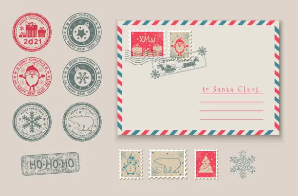 Vector illustration of Christmas stamps and envelope template with Santa,  Snoqman. Postage stamps