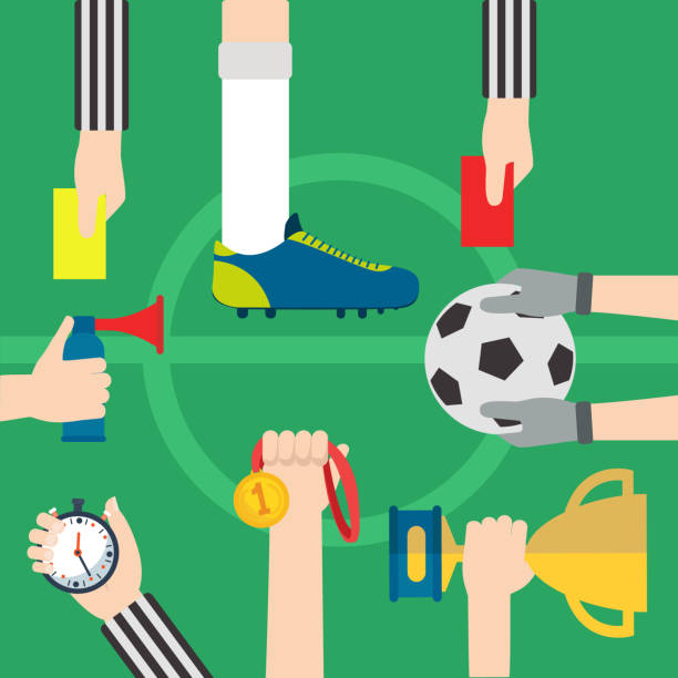 piłka nożna, przedmioty piłkarskie z rękami i stopą, tło boiska do piłki nożnej - sports uniform audio stock illustrations