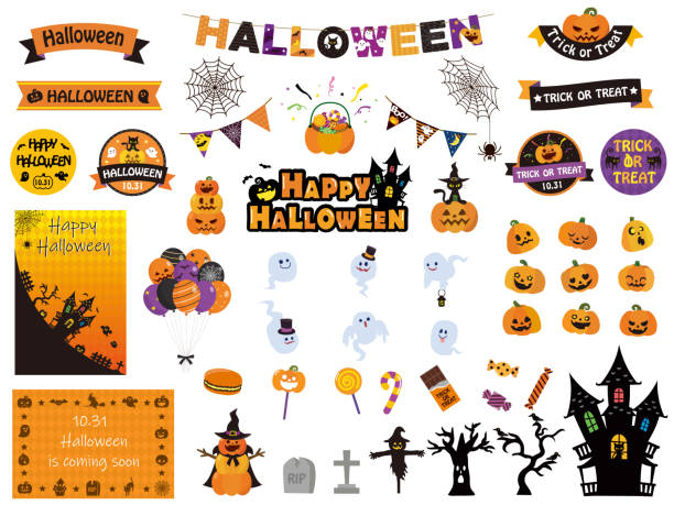 ilustraciones, imágenes clip art, dibujos animados e iconos de stock de set de material de halloween - linterna de halloween ilustraciones