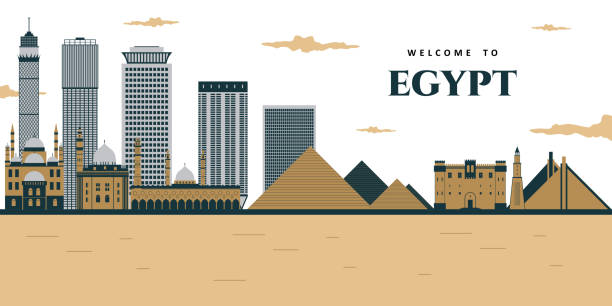 Futuristic view of the pyramids and the city. Landscape panoramic of egyptian pharaohs pyramids with mosque. Ancient historical, famous touristic attractions in african desert. Egypt illustration Futuristic view of the pyramids and the city. Landscape panoramic of egyptian pharaohs pyramids with mosque. Ancient historical, famous touristic attractions in african desert. Egypt illustration cairo stock illustrations