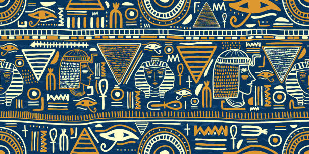 ilustraciones, imágenes clip art, dibujos animados e iconos de stock de ornamento egipcio antiguo patrón sin costuras tribal. arte tribal siluetas étnicas vintage egipcias patrón sin costuras en color azul y oro. textura de fondo de repetición abstracta popular. diseño del logotipo - egyptian hieroglyphs