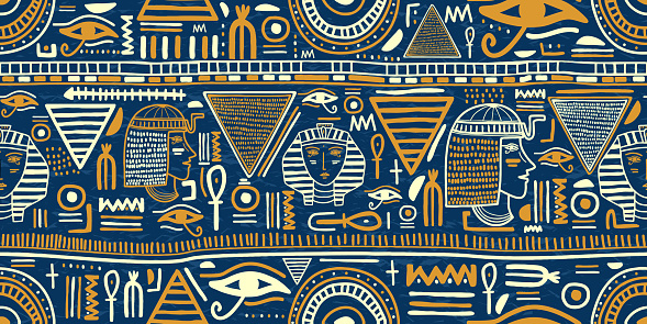 Ancient Egyptian ornament Tribal seamless pattern. Tribal art Egyptian vintage ethnic silhouettes seamless pattern in blue and gold color. Folk abstract repeating background texture. Logo design