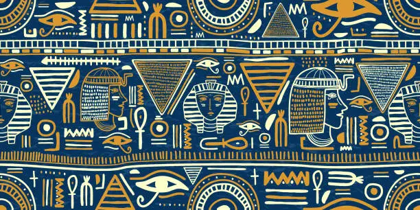 Vector illustration of Ancient Egyptian ornament Tribal seamless pattern. Tribal art Egyptian vintage ethnic silhouettes seamless pattern in blue and gold color. Folk abstract repeating background texture. Logo design