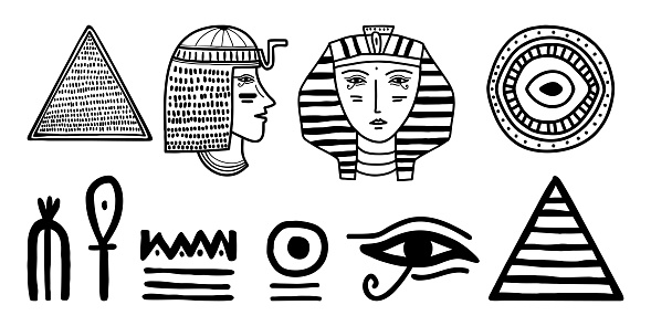 Tribal art Egyptian ethnic icon. Egypt sketch cartoon hand drawn black silhouettes isolated on a white background. Vector tribal ethnic. Can be used for cloth, flyers, bags, furniture, and tattoo