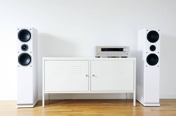 istock Home Theater System.Modern audio stereo system with white speakers on bureau in modern interior 1271078389