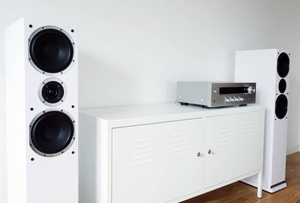 istock Home Theater System.Modern audio stereo system with white speakers on bureau in modern interior 1271078409
