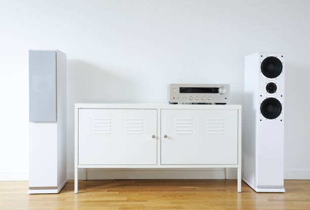 istock Home Theater System.Modern audio stereo system with white speakers on bureau in modern interior 1271078525