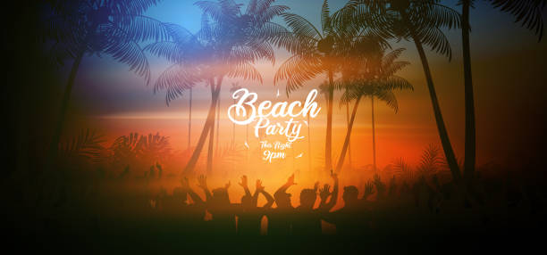 Summer beach party poster with tropical beach in the evening Summer beach party poster with tropical beach in the evening beach party stock illustrations